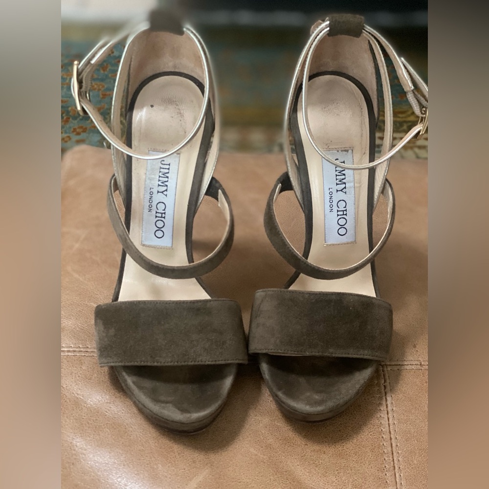 Jimmy Choo Olive Green Suede Strappy Block Heel Sandals